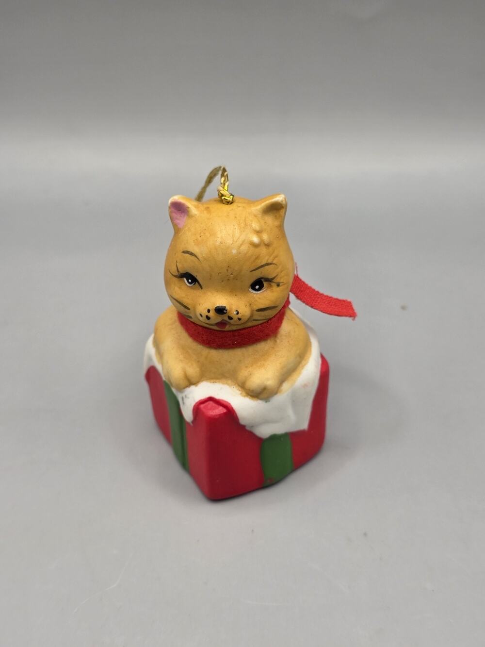 Vintage Ceramic Cat in Gift Box Christmas Bell Ornament Kitten Retro Kitsch